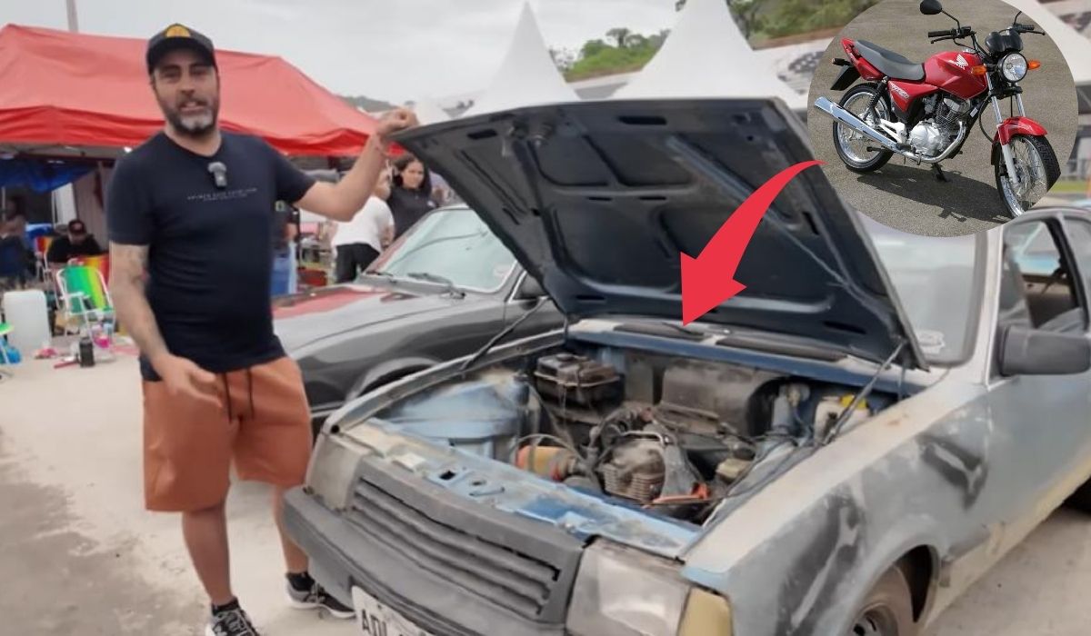 Chevette com motor de moto e sistema de transmissão incomum viraliza ao levantar dúvidas sobre funcionamento, desempenho e legalização. (Imagem: Reprodução/UOL)