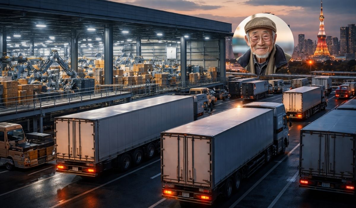 O Japão envelhece, faltam motoristas e a logística entra em alerta, enquanto empresas aceleram automação e uso de inteligência artificial. (Imagem: Ideogram)