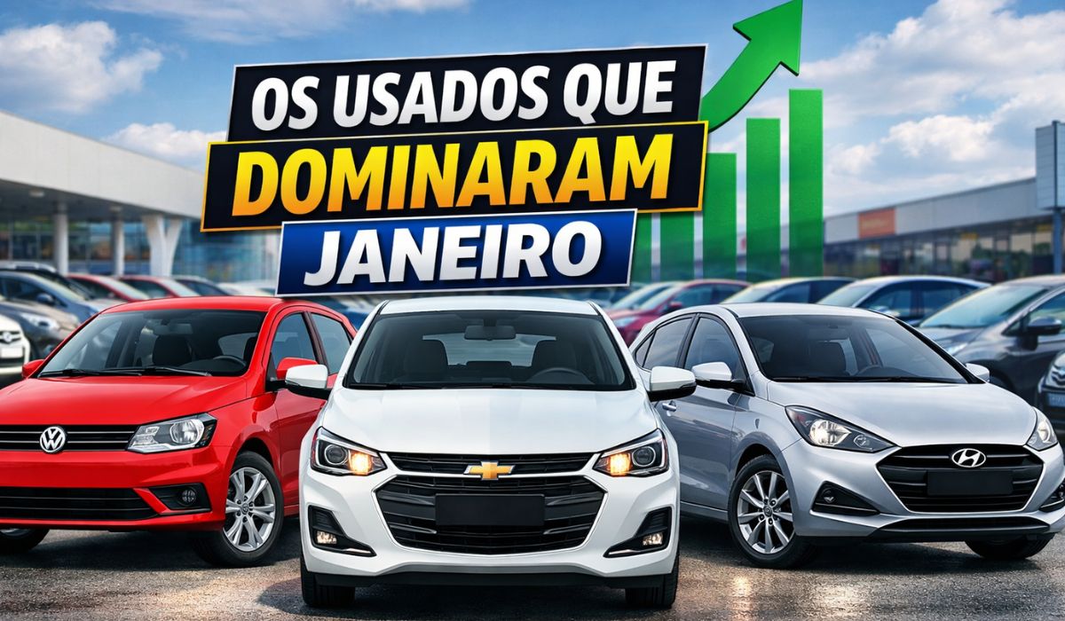 Vendas de carros usados crescem em janeiro, com Gol, Onix e HB20 liderando ranking e dados da Fenauto sobre o perfil da frota negociada. (Imagem: Ideogram)