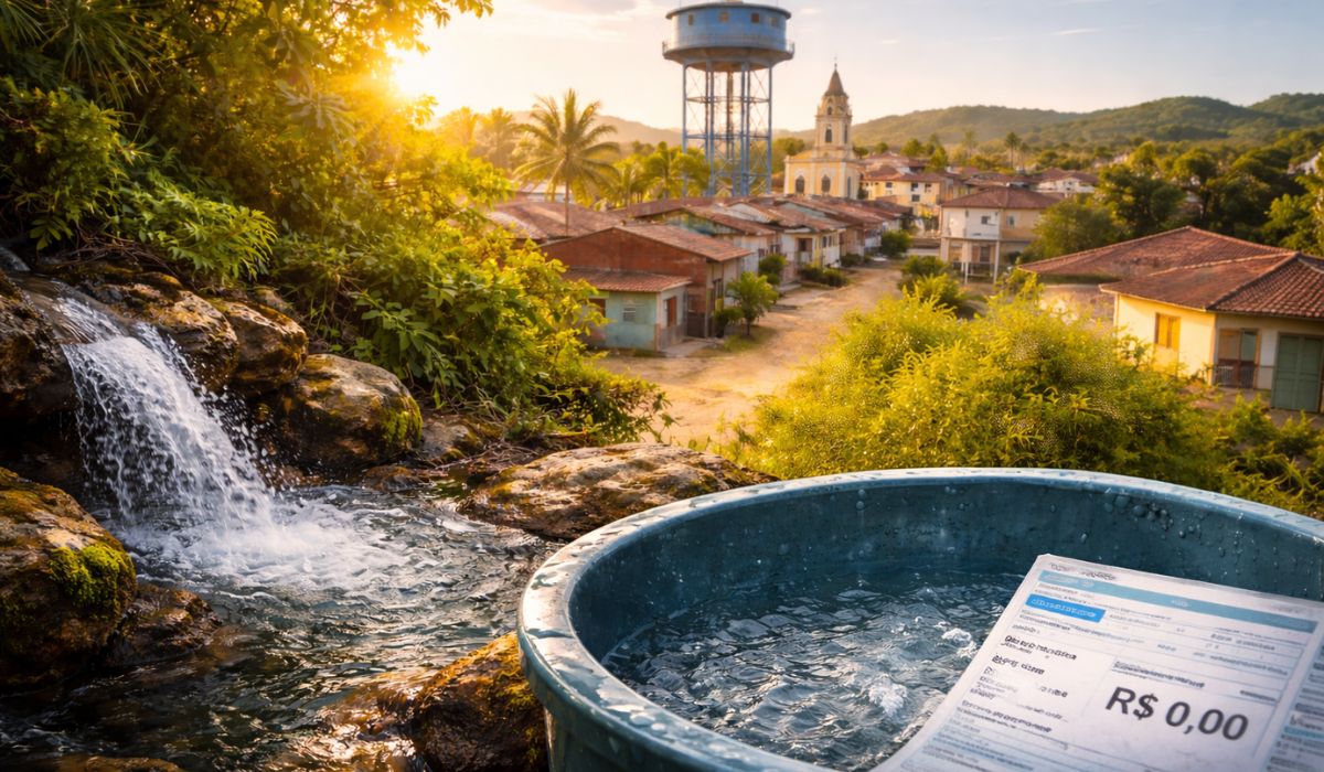 Cidade da Paraíba mantém água gratuita desde 1961 e discute concessão do serviço diante de desafios ambientais e crescimento urbano. (Imagem: Ilustração/Ideogram)