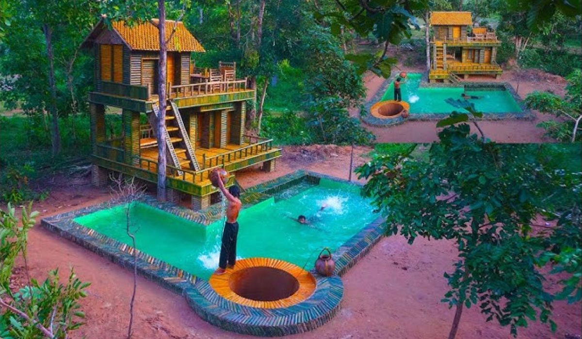 Casa de bambu com piscina é erguida em 30 dias na selva usando apenas facões, cipós e técnicas ancestrais de construção. (Imagem: Reprodução/Primitive Building)