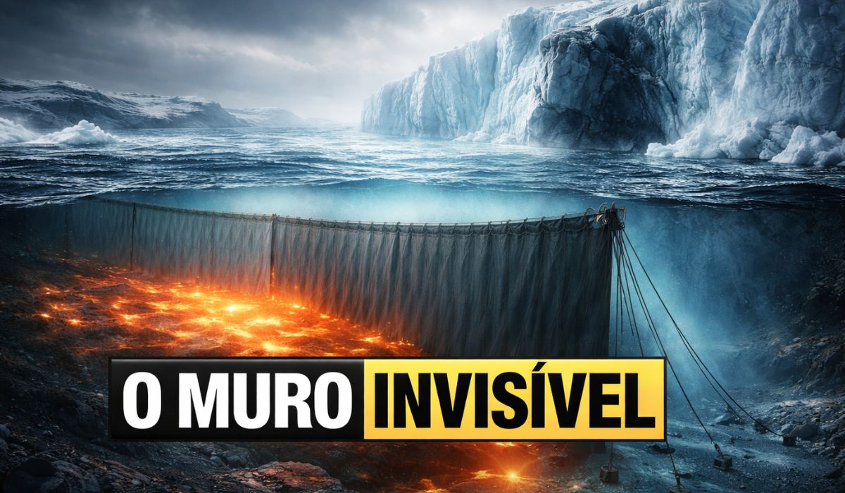 Proposta em estudo prevê barreira submersa de 80 km na Antártida para reduzir correntes quentes sob a geleira Thwaites e frear o degelo. (Imagem: Ilustrativa/Ideogram)
