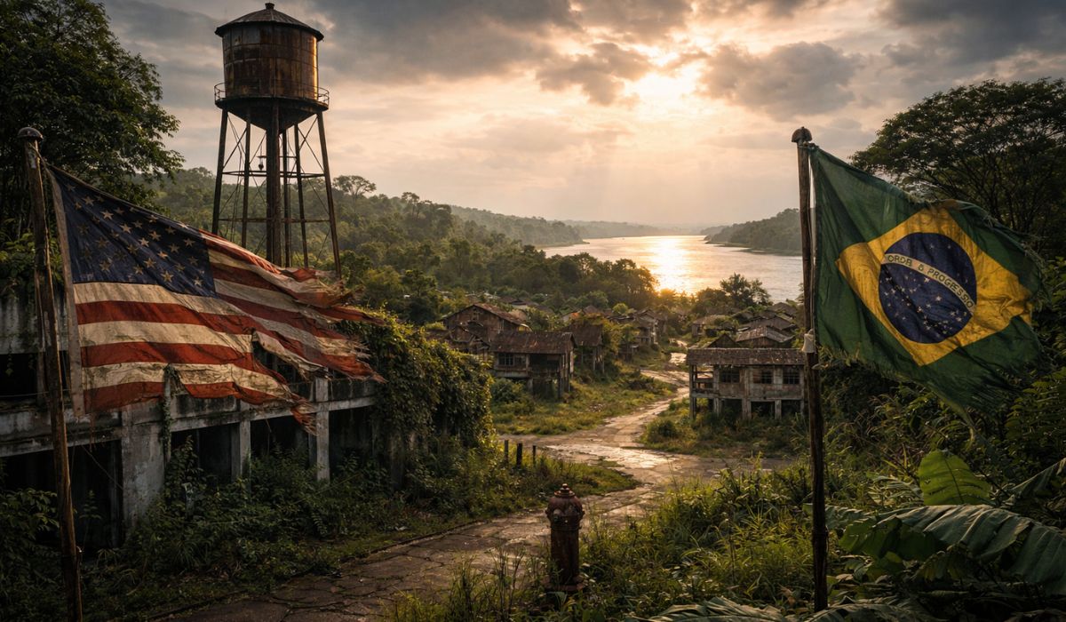 Fordlândia, no Pará, reúne ruínas do projeto de Henry Ford às margens do rio Tapajós e expõe o legado da tentativa de produzir borracha na Amazônia. (Imagem: Ilustração)