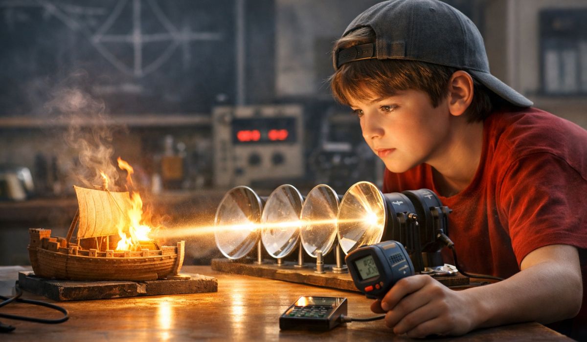 Estudante de 12 anos recria o raio da morte de Arquimedes e testa, em laboratório, a concentração de luz por espelhos e seus efeitos.