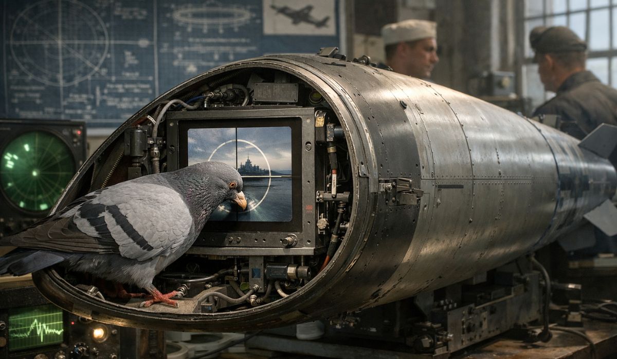 Conheça o Project Pigeon, experimento da Segunda Guerra que testou pombos treinados para guiar bombas militares com precisão. (Imagem: Ilustração)