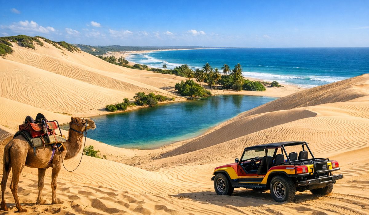 Conheça o “Deserto do Saara Brasileiro” em Genipabu (RN): dunas douradas, lagoas de água doce, buggy “com ou sem emoção” e APA. (Imagem: Ilustração)