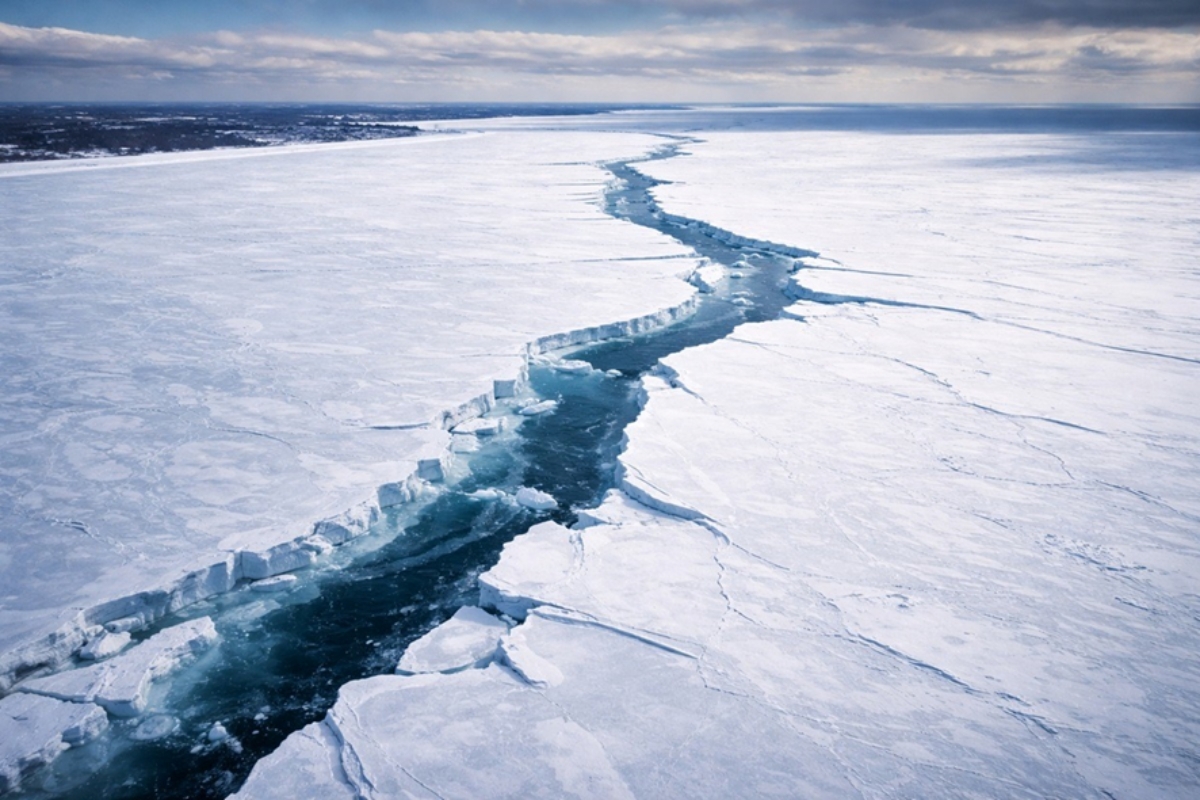 Satélite registra abertura de fissura de 128 km no Lago Erie entre Canadá e Estados Unidos em menos de 4 horas, gelo chegou a 95% de cobertura e fenômeno pode alterar padrão de neve na região