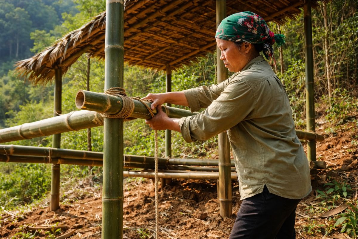 Uma mulher constrói sem dinheiro um abrigo de bambu com ferramentas simples, corta dezenas de colmos, padroniza o material por espessura, ergue pilares alinhados, amarra vigas horizontais e transforma um terreno irregular em estrutura firme e funcional