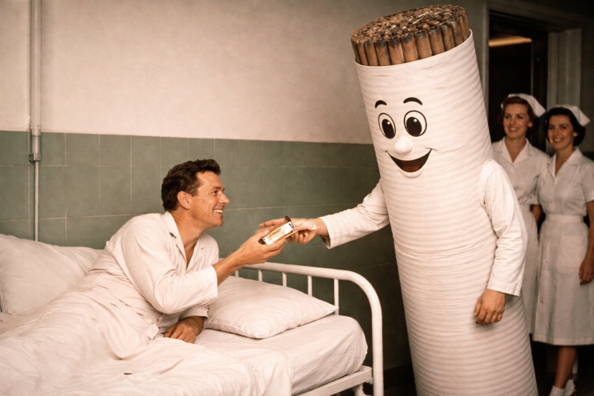 Durante as décadas de 1940 e 1950, fumar era visto como algo normal e até benéfico pela sociedade. Nesse cenário surgiu o Mr. Cig, personagem criado para campanhas que reforçaram a aceitação do cigarro e o levaram até ambientes sensíveis como hospitais