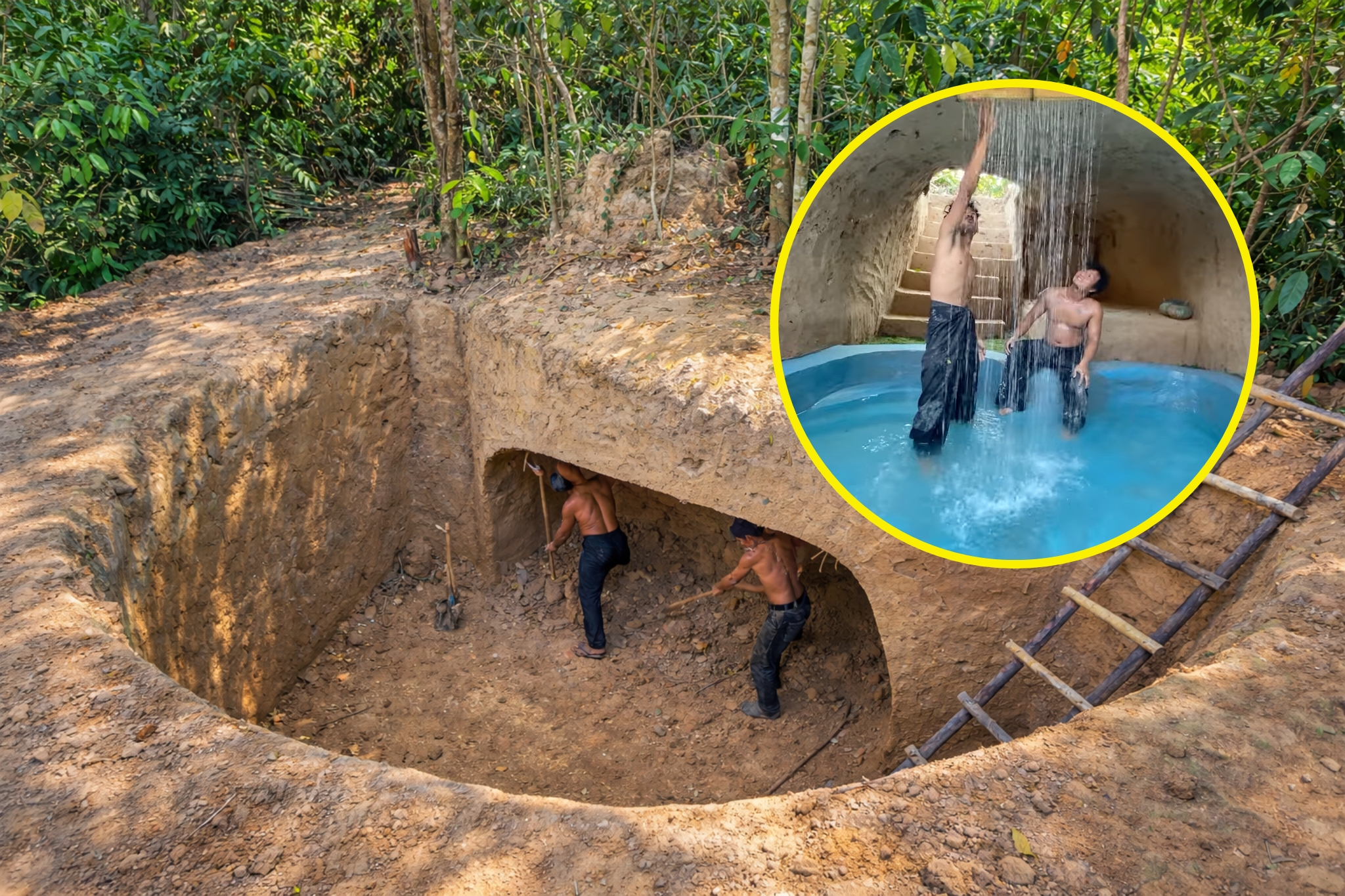 Dois amigos transformam terreno bruto em piscina subterrânea com quarto na Tailândia em 90 dias; tudo feito à mão com arco, degraus, patamar, borda azul e queda d’água de bambu surpreende pelo método de construção