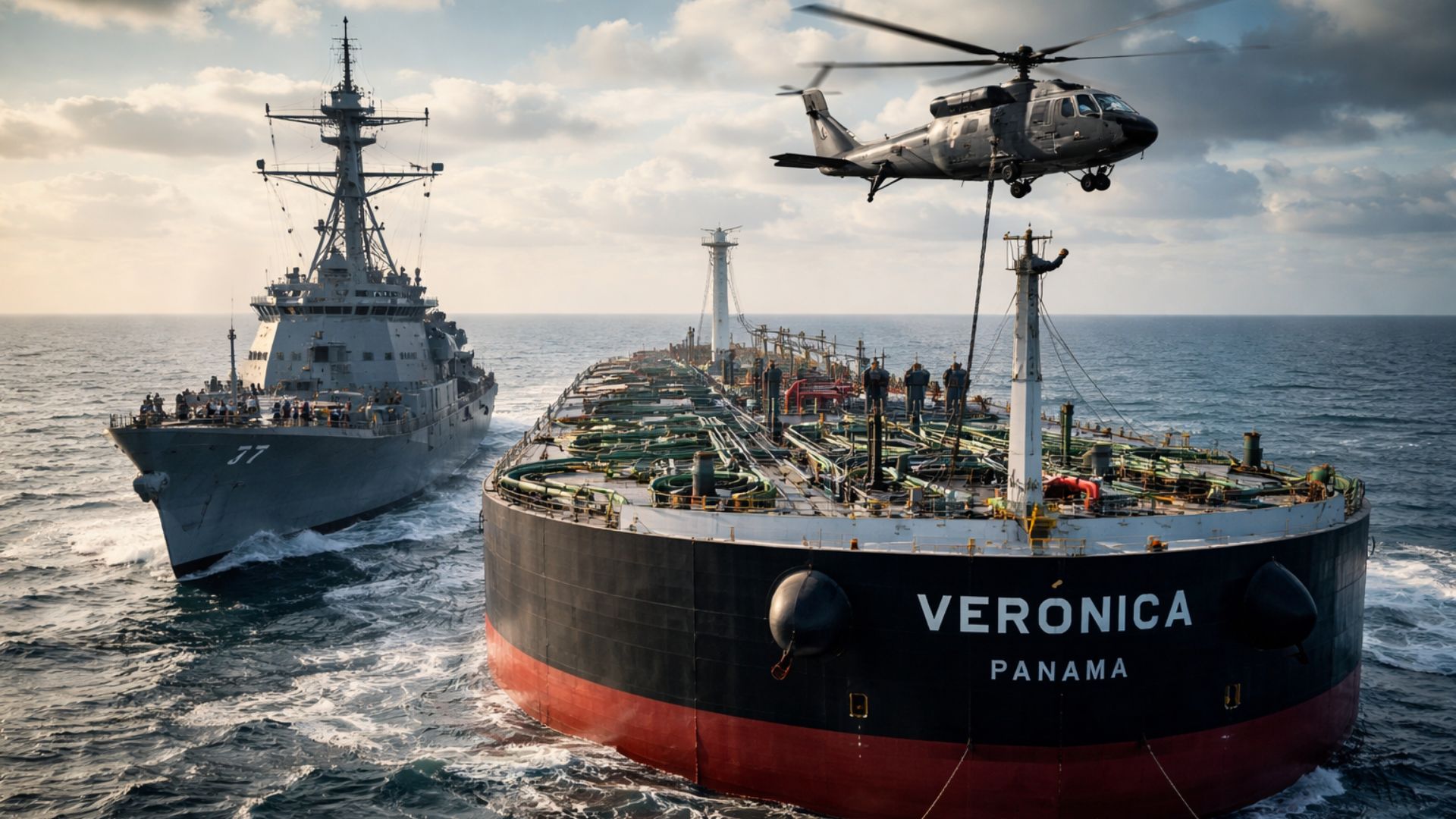 Navio petroleiro sendo interceptado por embarcação militar dos Estados Unidos no oceano durante operação naval de fiscalização de petróleo.