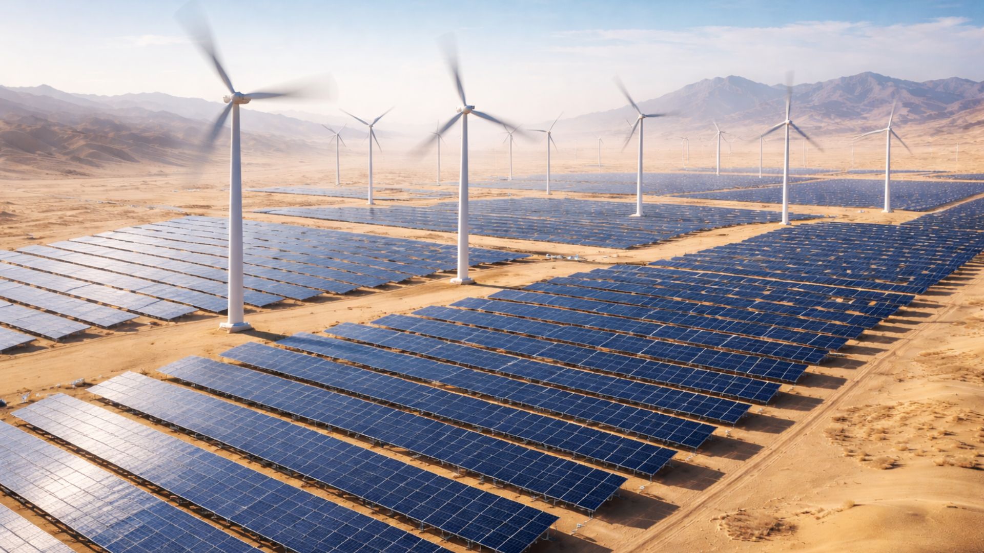 Vista aérea de parque solar e eólico em área desértica com turbinas em movimento e milhares de painéis solares gerando energia renovável no Egito.