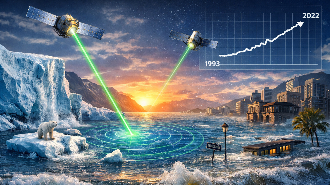 Com apoio de satélites laser, estudo revela que mudanças climáticas e derretimento polar aceleram a elevação do mar em todo o planeta.