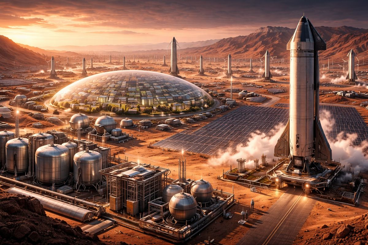 Elon Musk detalha um plano para Marte com lançamentos por anos, mirando uma cidade autossustentável e discutindo limites de escala, energia e impactos na Terra.