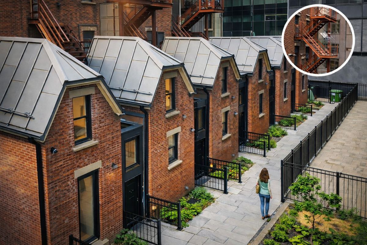 Em Montreal, escadas de emergência viram moradia compacta em prédio histórico de três andares e redefinem habitação no centro.