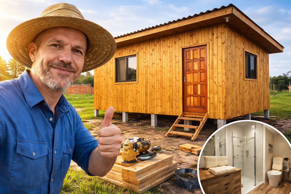 Casa de madeira do zero em Santa Catarina com pilotis, banheiro com wood frame e drywall, impermeabilização e custo para sair do aluguel com obra rápida.