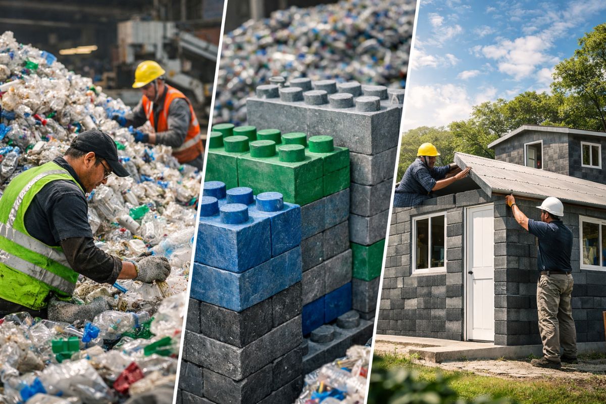 toneladas de plástico viram plástico reciclado em blocos reciclados; reciclagem de plástico valoriza catadores de materiais recicláveis.