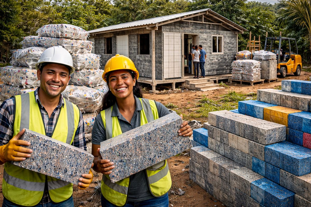 plástico descartado e vira blocos estruturais na Conceptos Plásticos, em Bogotá, com baixo custo para casas sustentáveis.