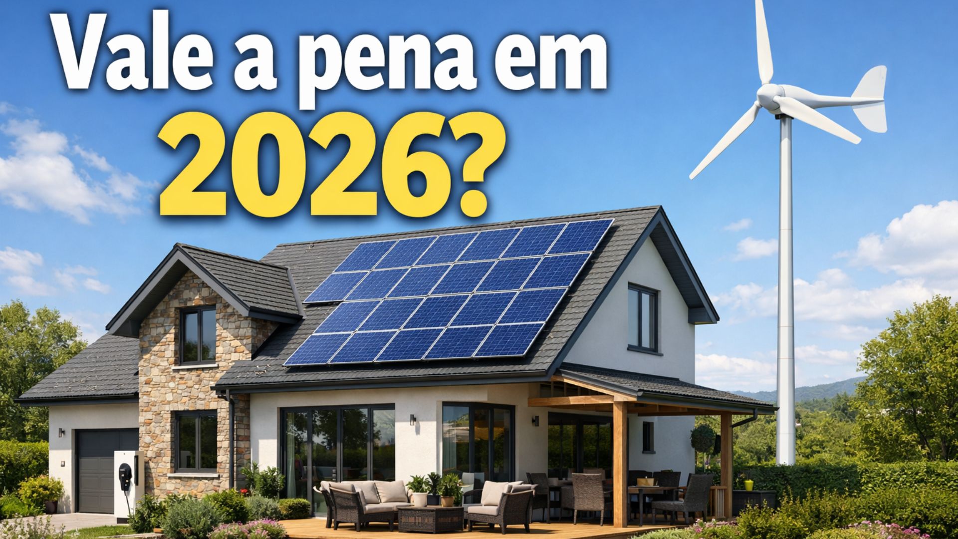 Energia renovável em 2026: casa residencial com painéis solares e micro turbina eólica mostrando geração própria de eletricidade para reduzir a conta de luz.