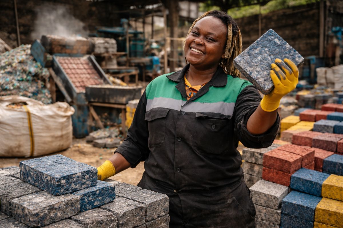 engenheira em Nairobi cria Gjenge Makers e transforma plástico em pavimento certificado, com 1.500 placas/dia e ponto de fusão acima de 350°C.