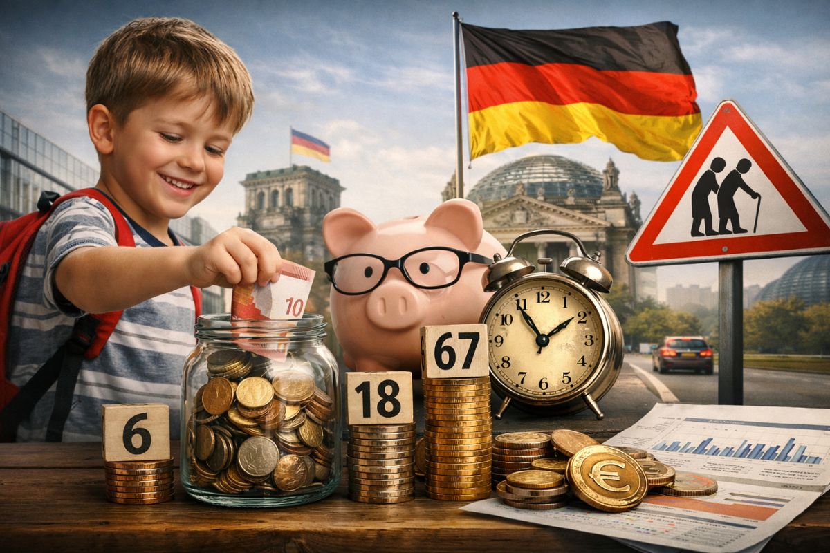 Na Alemanha, a aposentadoria infantil usa contribuição mensal, juros compostos e longo prazo para formar reserva até a velhice.