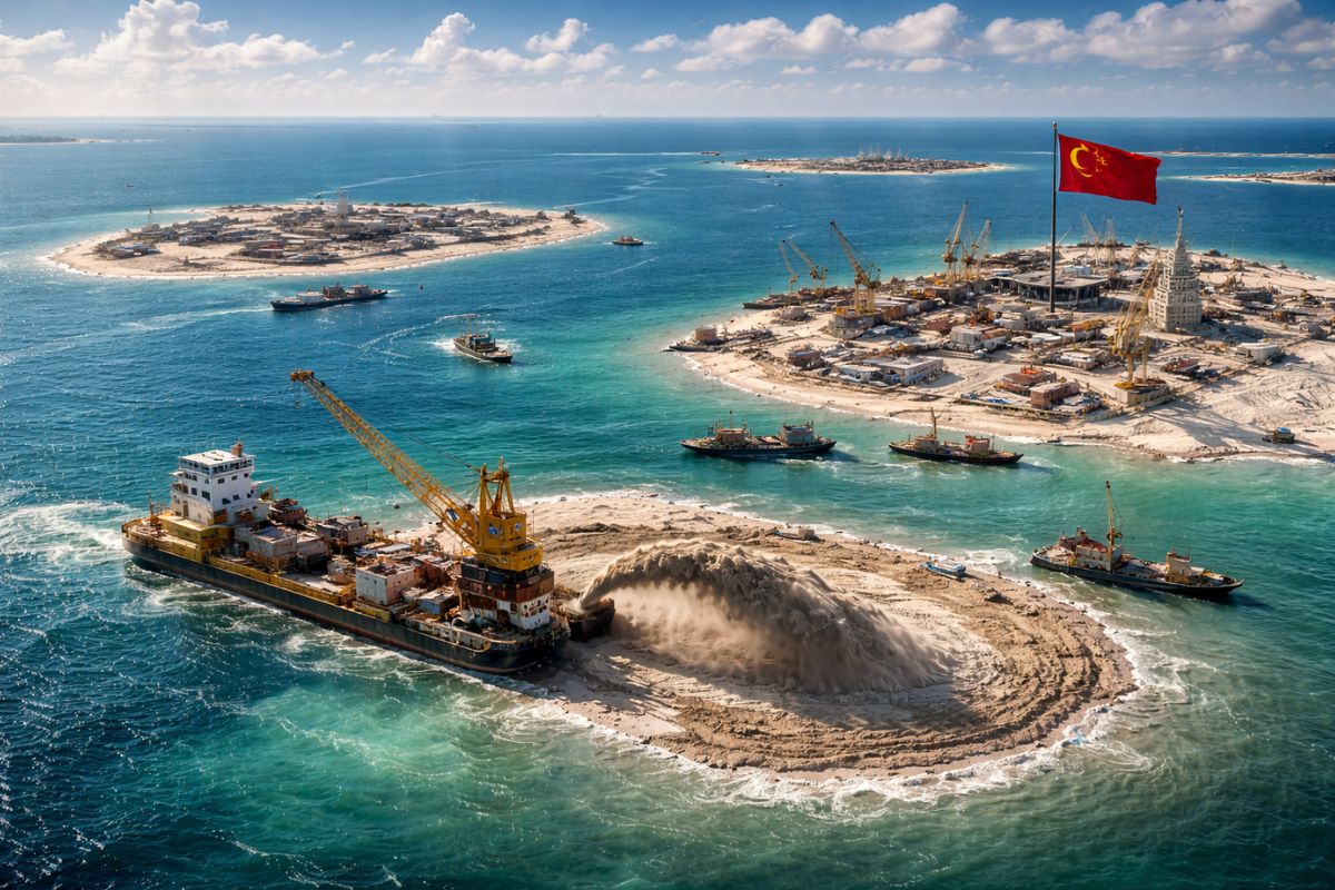 China acelera plano de ilhas sobre recifes com milhões de toneladas de areia, em 2026, sob críticas ambientais e alerta estratégico por vigilância e controle de rotas comerciais.