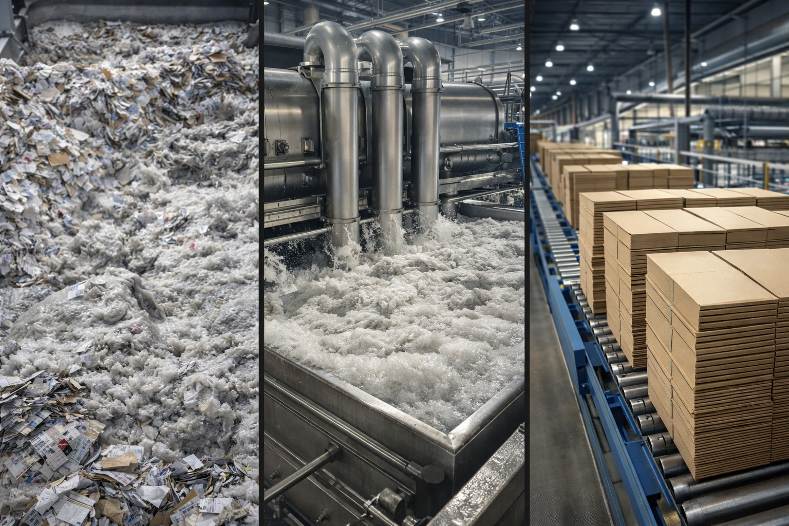 Como papel e papelão descartados são desagregados em água, passam por remoção de tintas, ganham novas fibras e viram embalagens industriais que sustentam o e-commerce e a logística global sem derrubar uma única árvore