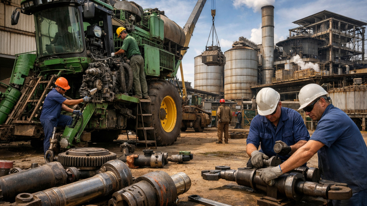 Com foco na safra de cana, usinas de SP reforçam manutenção industrial e reformam colhedoras de cana durante a entressafra sucroalcooleira.