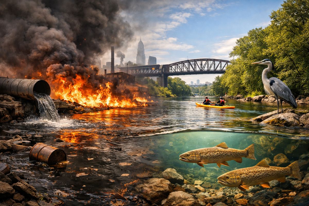Rio Cuyahoga em Cleveland: incêndio virou marco de recuperação, com peixes de volta e referência global em restauração ambiental.
