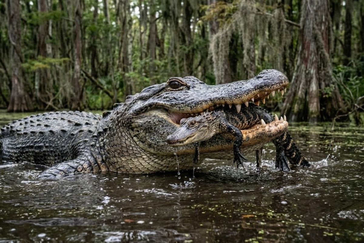 Jacarés praticam canibalismo contra filhotes no Lago Orange, Flórida, revelando impacto real na mortalidade juvenil e no equilíbrio populacional.