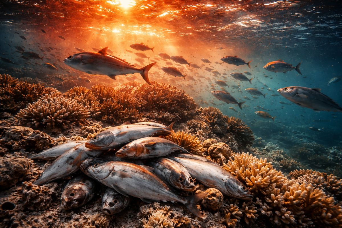 oceanos em alerta: aquecimento dos oceanos reduz biomassa de peixes; onda de calor marinha acelera branqueamento de corais e eleva risco.