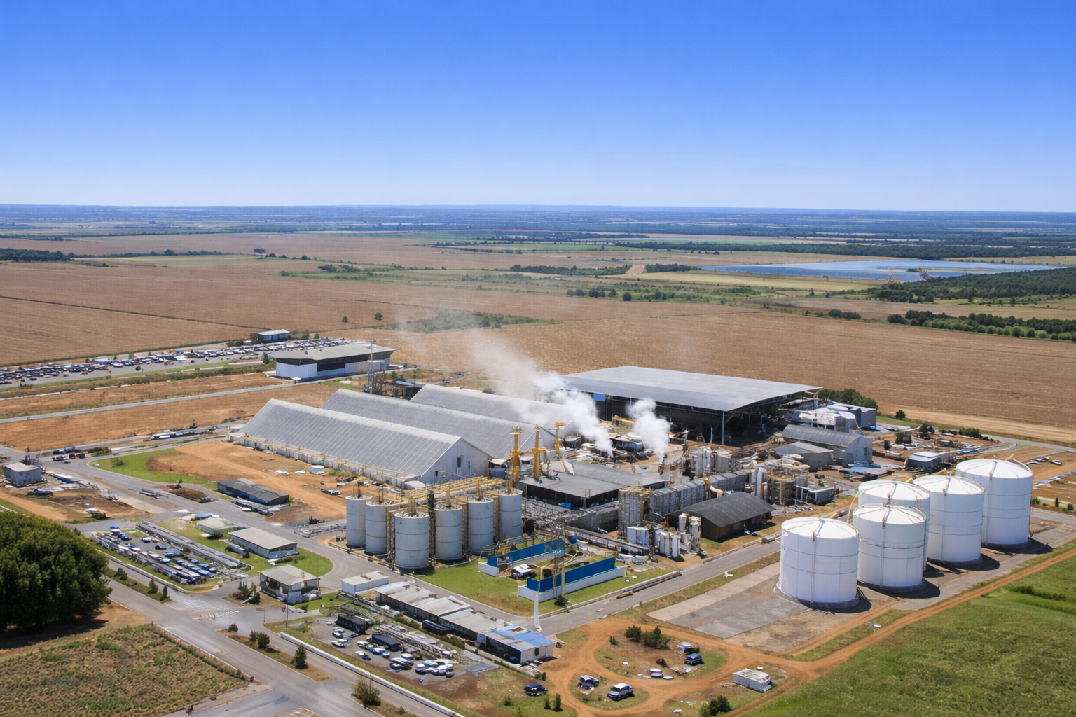 Vista aérea de uma usina de bioenergia em área rural, com tanques de armazenamento, galpões industriais e campos agrícolas ao redor sob céu limpo ao meio-dia.