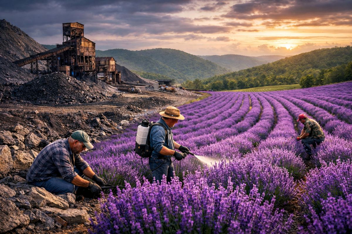 Na Virgínia Ocidental, lavanda ocupa deserto de mina de carvão; teste de solo monitora metais pesados e inspira recuperação.