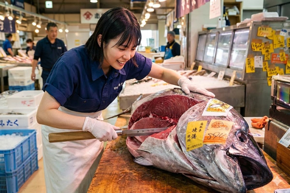 Mercado de Tsukiji: atum de Toyosu, nakaochi na hora e corte raro disputado no balcão. Entenda por que some em minutos.
