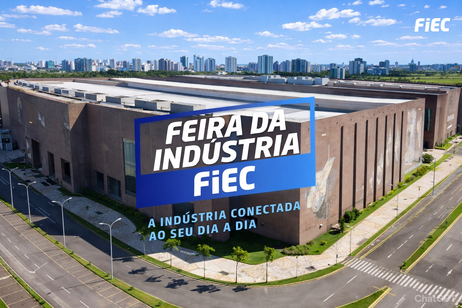 Vista aérea do Centro de Eventos da FIEC com banner da Feira da Indústria em dia ensolarado, mostrando o prédio, ruas ao redor e a cidade ao fundo.