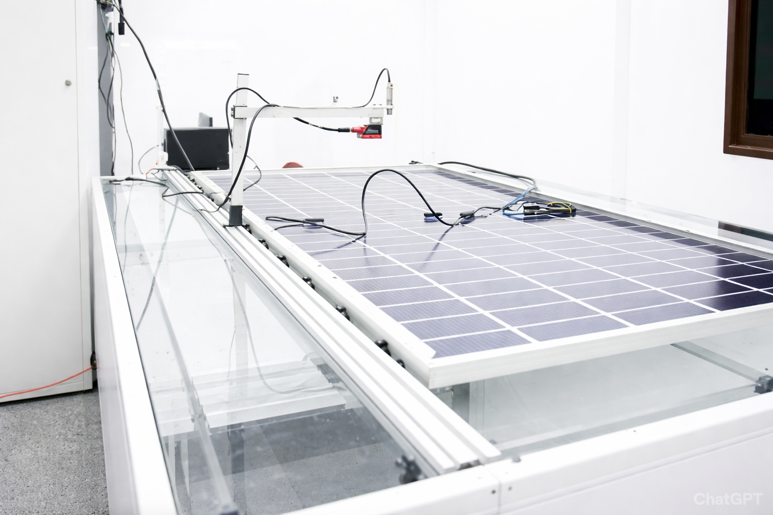 Painel solar em bancada de testes em laboratório, com cabos conectados e equipamentos de medição ao redor.