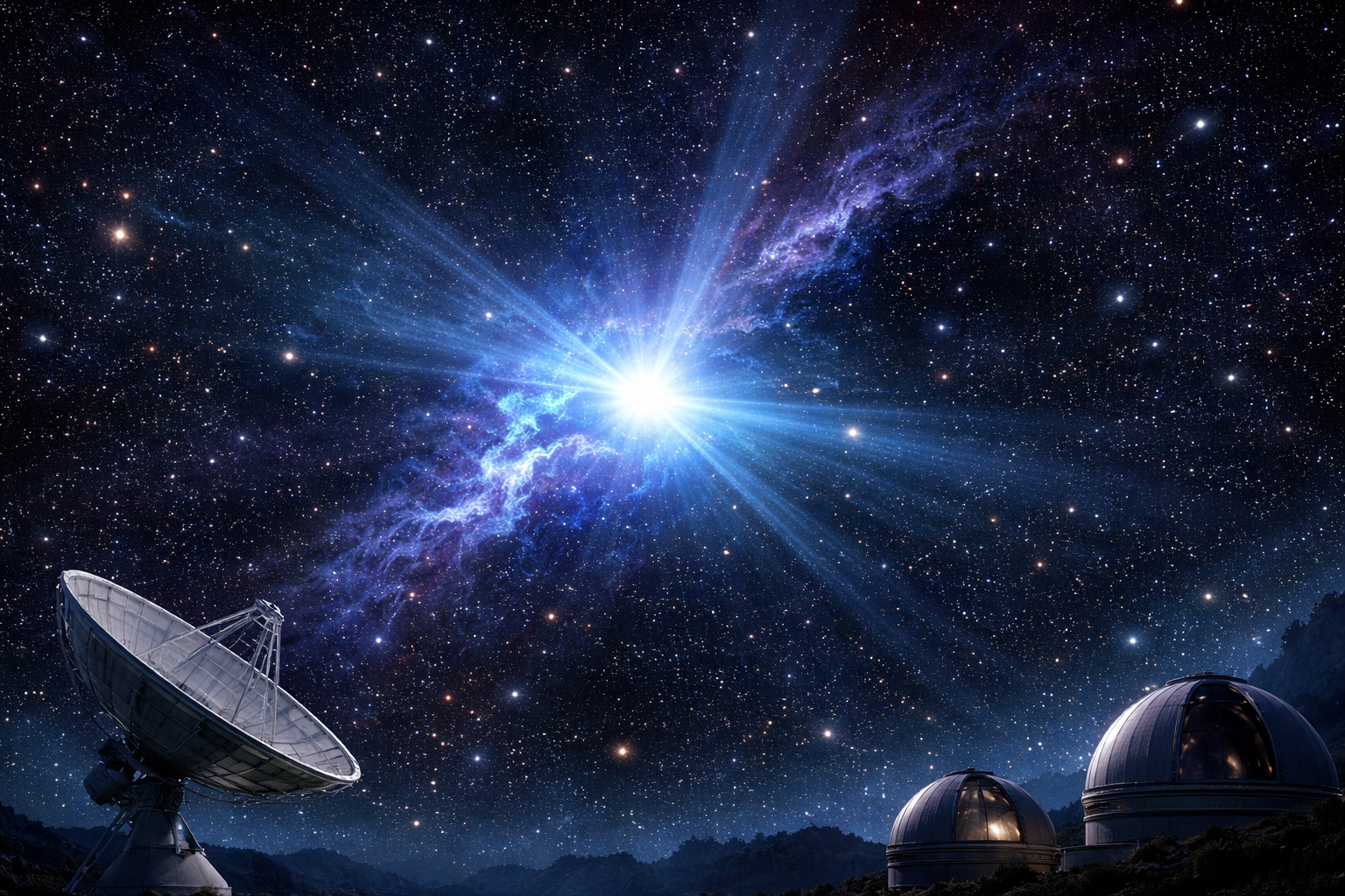 Fonte misteriosa de raios gama brilhando no espaço profundo, cercada por campo estelar, enquanto telescópios terrestres observam o fenômeno astronômico.