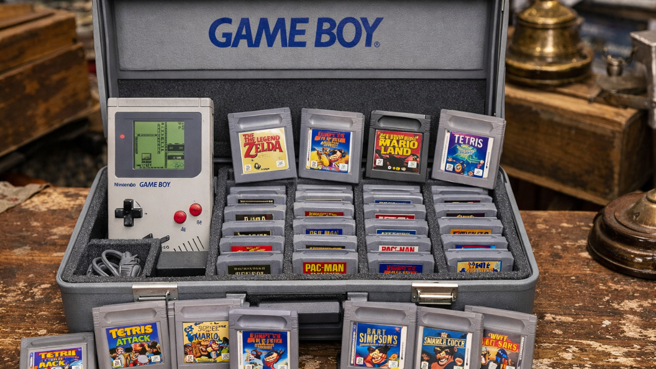 Um Game Boy original com maleta oficial e dezenas de jogos clássicos foi descoberto em uma Feira de antiguidades.