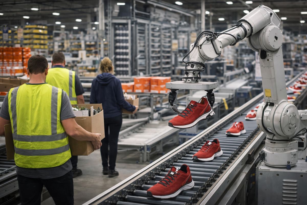 gigante dos tênis muda cadeia de suprimentos com automação e tecnologia avançada e enxuga centros de distribuição após cortes e queda de vendas.