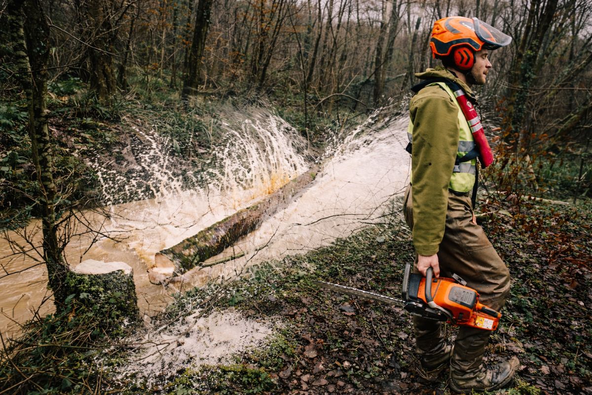 rio britânico no Rio Chew passa por intervenção com motosserras para inserir madeira e fixar estacas, visando reorganizar fluxo e sedimentos, estabilizar margens e testar soluções de baixo impacto sem grandes obras permanentes.