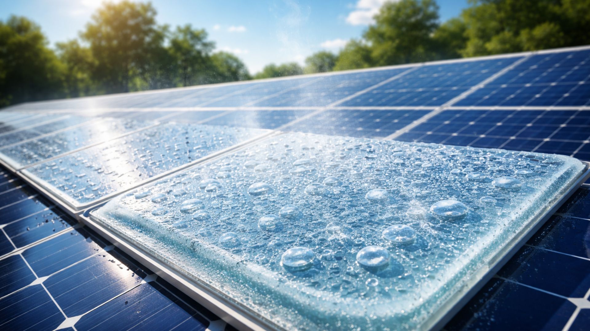 Revestimento de hidrogel transparente sobre painéis solares sob luz intensa do sol, com gotas de água evaporando na superfície.
