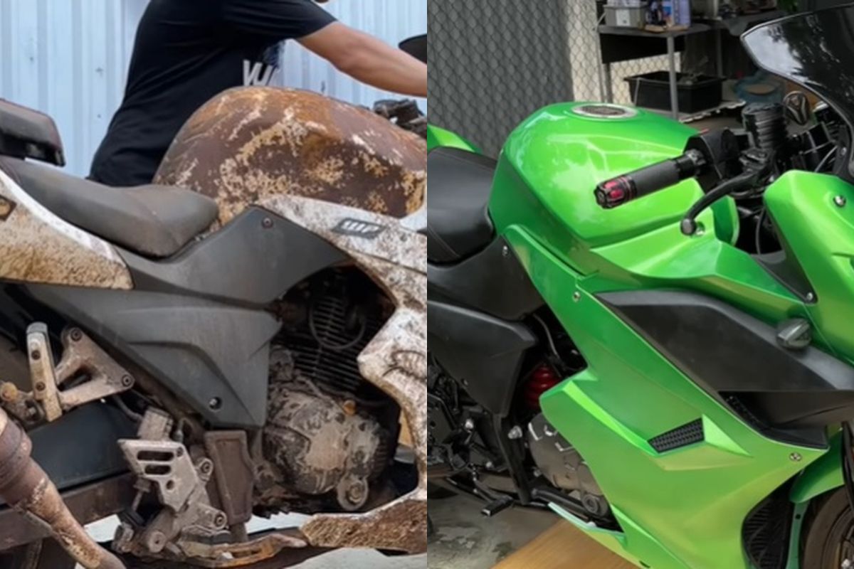 Restauração transforma moto enferrujada comprada como sucata em Kawasaki confiável, com motor revisado e visual de vitrine em presente raro de família.