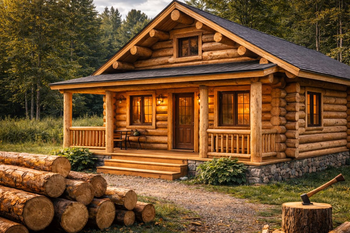 Homem ergue sozinho uma casa de pinho do zero alinha colunas, fecha o telhado, sela paredes e transforma madeira bruta em lar pronto pra morar usando técnica (2)