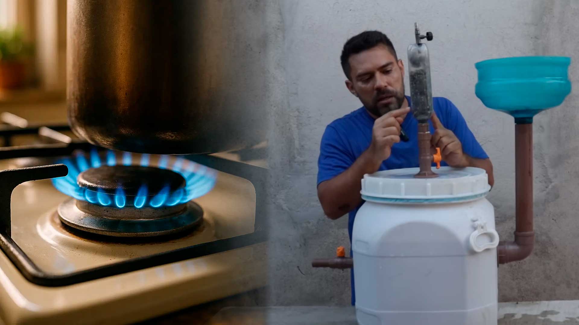 Homem mostra como fabricar Gás de Cozinha usando biodigestor caseiro com tambor pequeno, canos de PVC e filtro simples que gera biogás em poucos dias