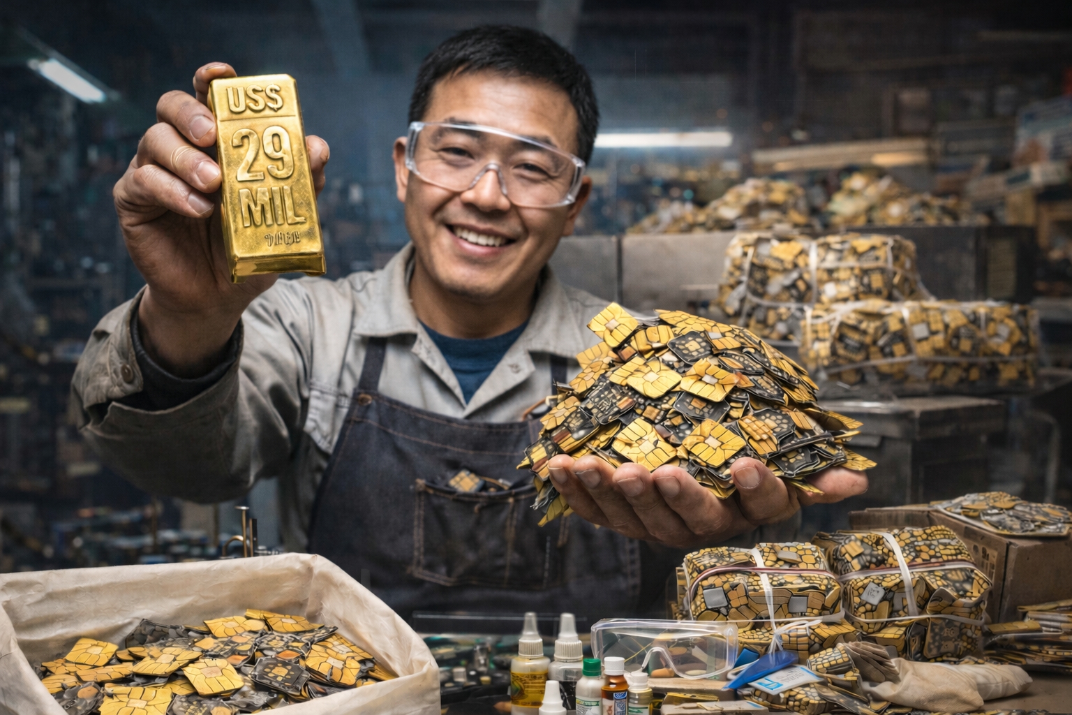 ouro - barra de ouro - lingote- chips - cartões - SIM - homem - china