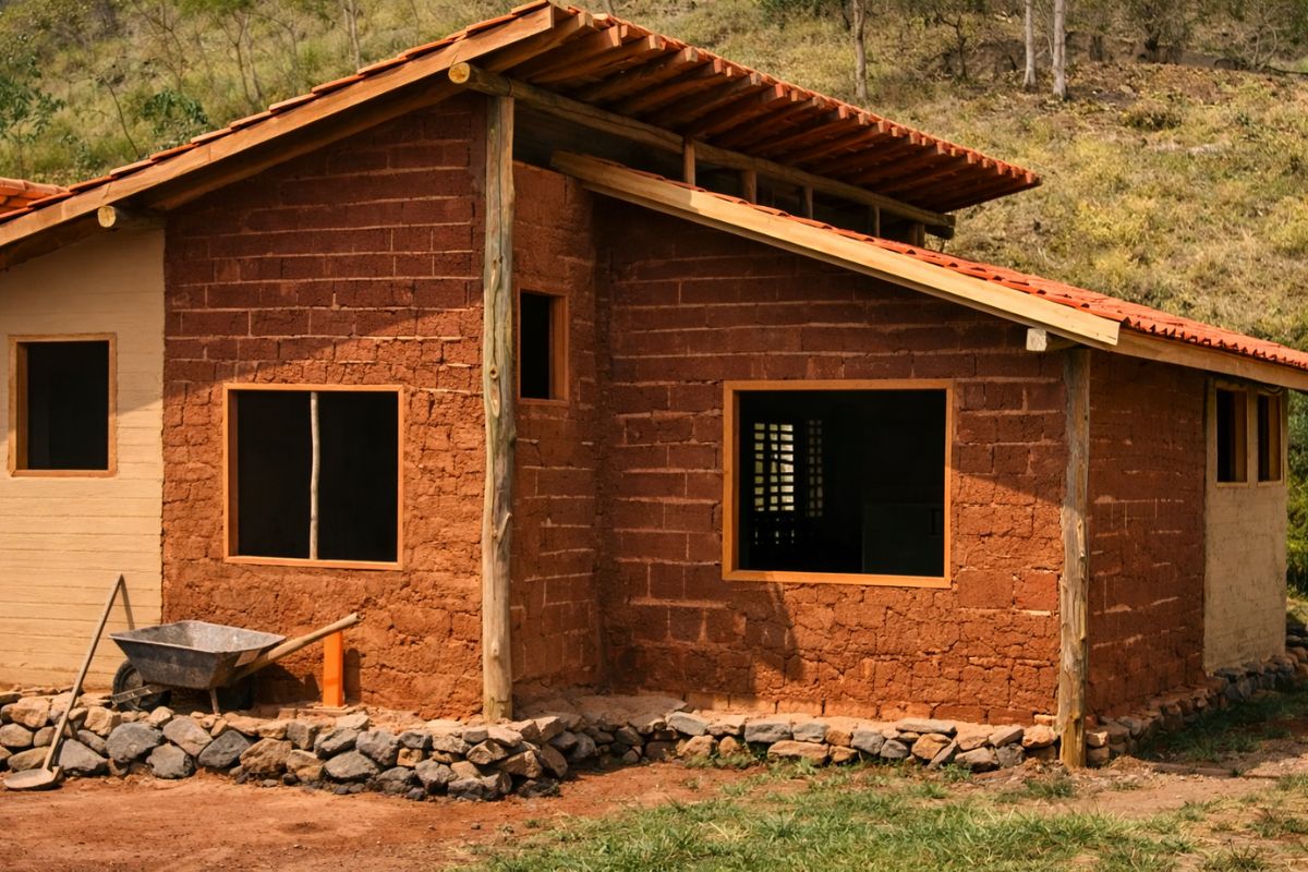 Homem transforma barro em casa de barreado, ergue parede grossa com bambu, mistura em máquina caseira e adapta elétrica moderna pra provar que construção antiga (2)