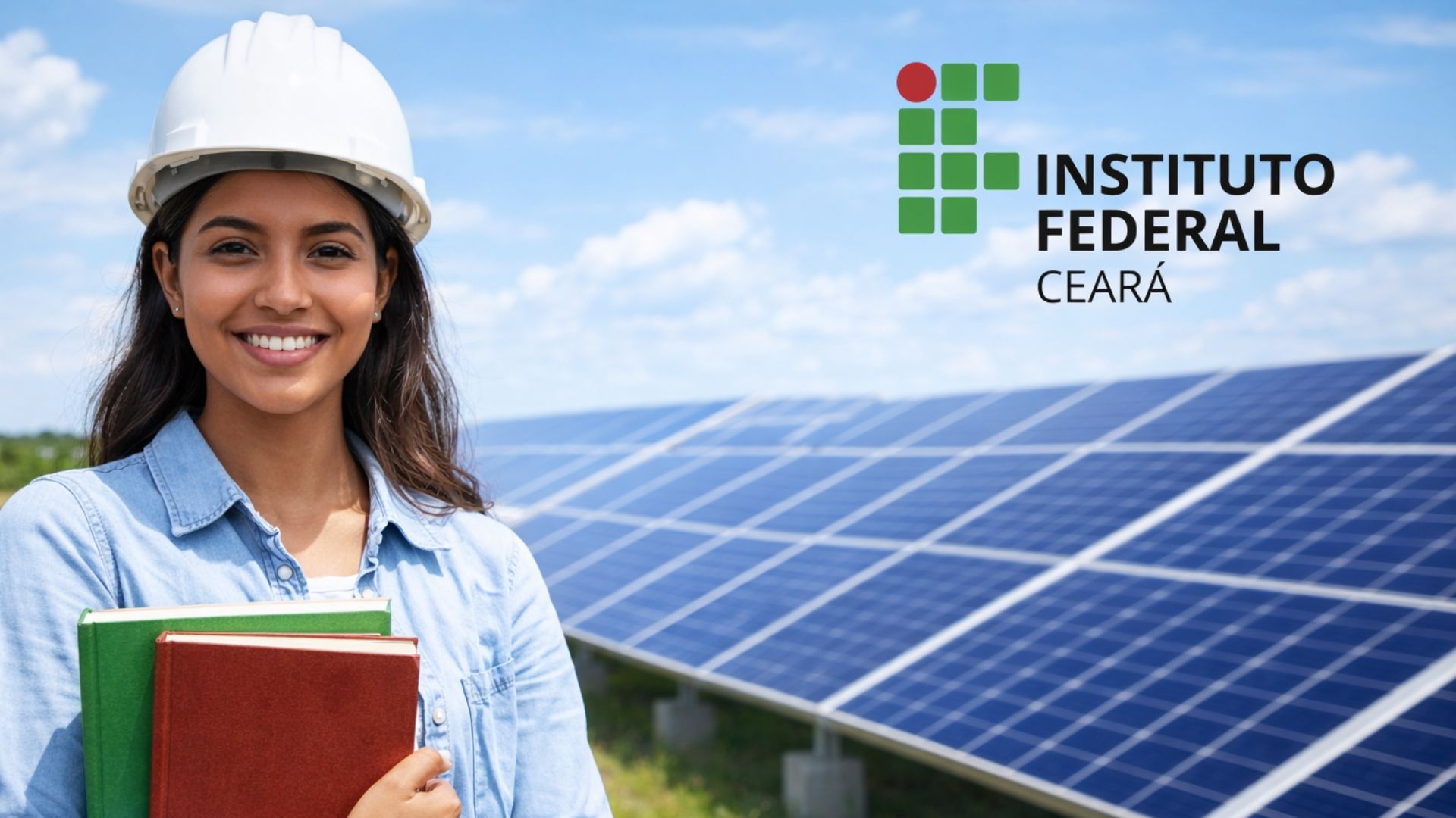 Estudante com capacete segurando livros em frente a usina solar com logotipo do IFCE ao fundo.