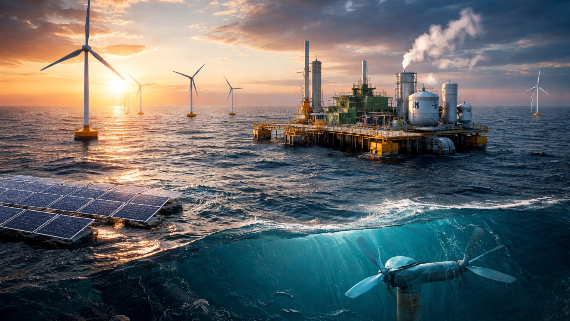 Plataforma de energia renovável no oceano com turbinas eólicas offshore, painéis solares flutuantes e turbina submersa de maré ao pôr do sol.