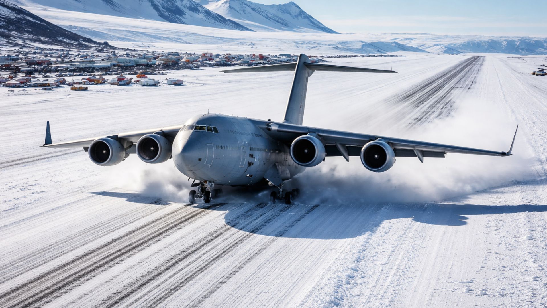 Aeroporto temporário na Antártica usa pista de neve compactada em McMurdo e exige 17.000 horas de manutenção anual para sustentar a ponte aérea.