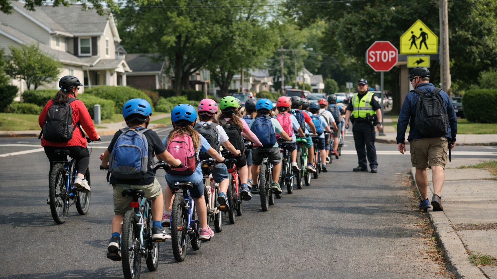Crianças criam um “ônibus” de bicicletas para ir juntas à escola, com escolta e apoio comunitário, e a ideia começa a se espalhar.